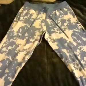 Blue and white camo print sweat suit